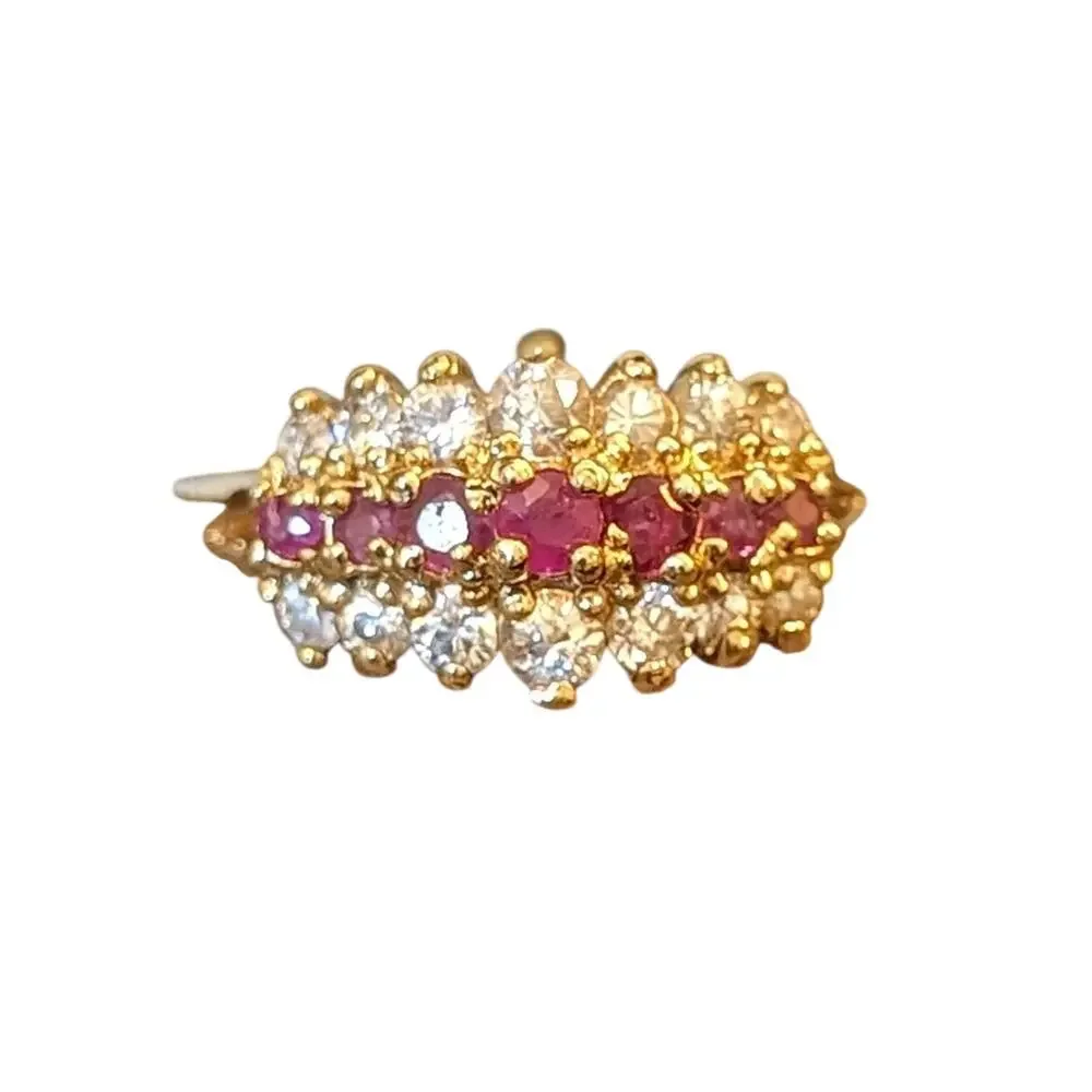 925 Sterling Vermeil Three Row Lab Created Ruby & CZ Ring Size 9.75